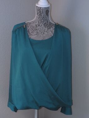 Calvin Klein Teal Draped V-Neck Blouse with Shoulder Chain Detail